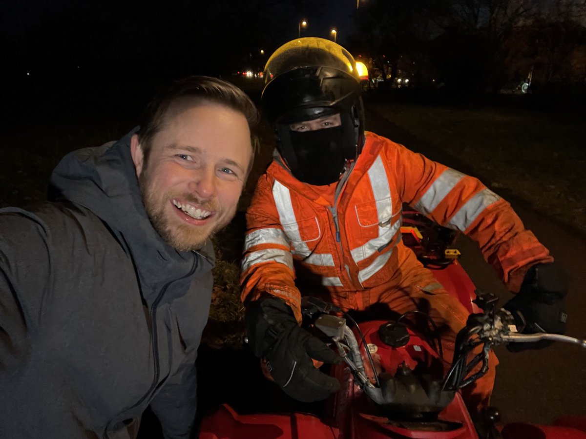 alexbeckett's tweet image. Out with the cycle lane gritting team on the Chisholm Trail tonight! Fun fact, they don't actually grit, they use a liquid brine solution towed behind on a trailer. Stay safe and wrap up warm out there, it's very cold! #ActiveTravel #GotGrit #Bike @CambsCC @GreaterCambs