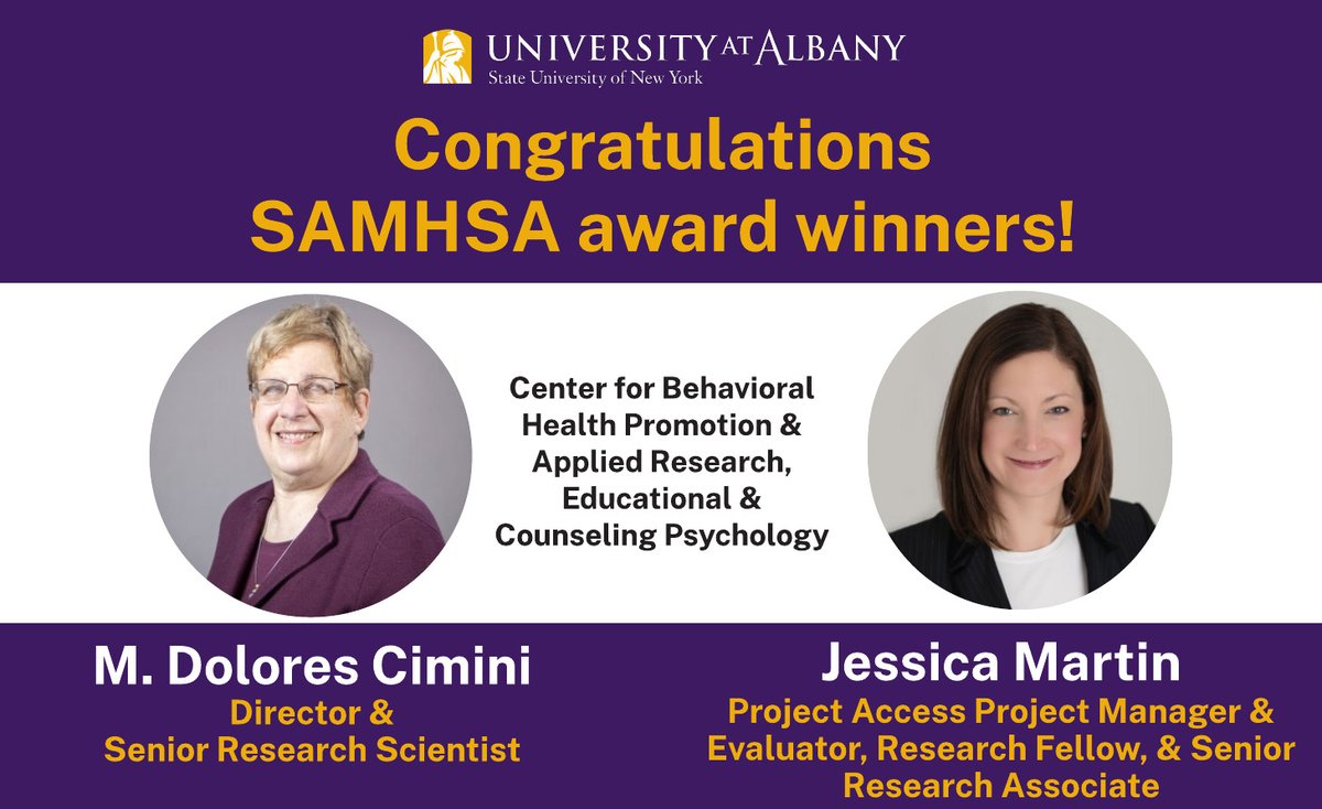 ResearchUAlbany's tweet image. Congrats to Center for Behavioral Health Promotion &amp;amp; Applied Research Director M. Dolores Cimini and Project Manager &amp;amp; Research Fellow Jessica Martin on receiving a three-year, $306K award for #ProjectACCESS, sponsored by @samhsagov.
