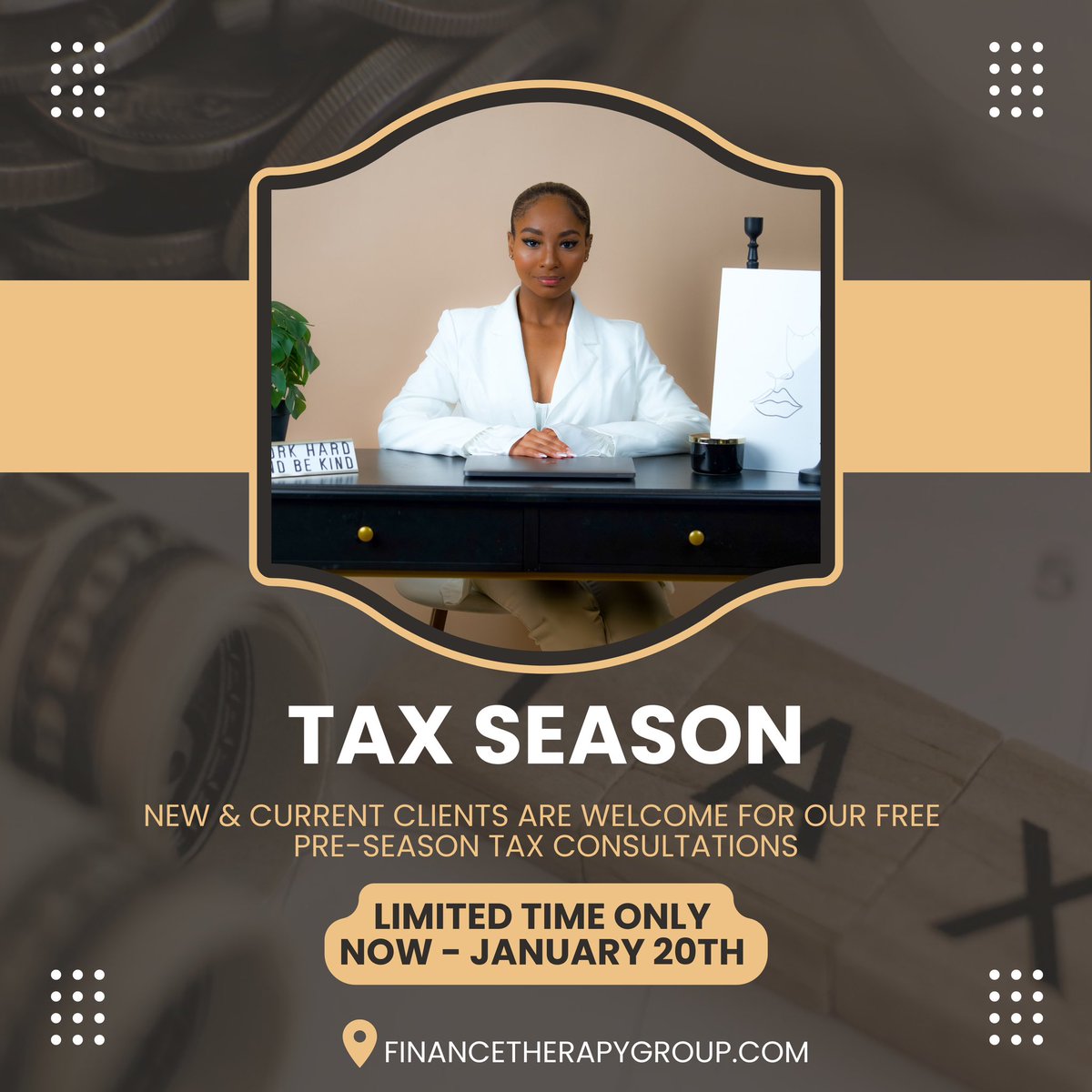 _financetherapy's tweet image. We have one more day left to provide free pre-season tax consultations. 

Send us a message as soon as possible for more details! 

#taxeseason #tax #taxes #taxtips #taxconsultation #taxservices #taxservicesonline #taxpreparer #taxprofessional #taxtime #taxplanning