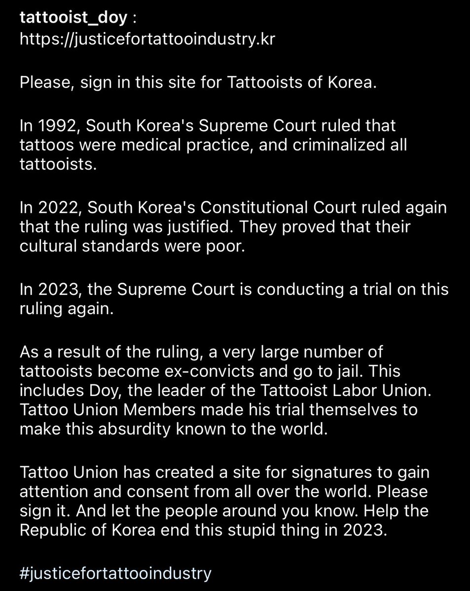 namjhyuns's tweet photo. Korea’s Supreme Court ruled tattooing as a medical practice, meaning those without a medical license are now criminals, aka all tattoo artists.

I have been a fan of Doy for a long time. He’s an amazing artist and I am deeply sorry to read this news.

https://t.co/weSMdNd7d7 https://t.co/iavxg4478K