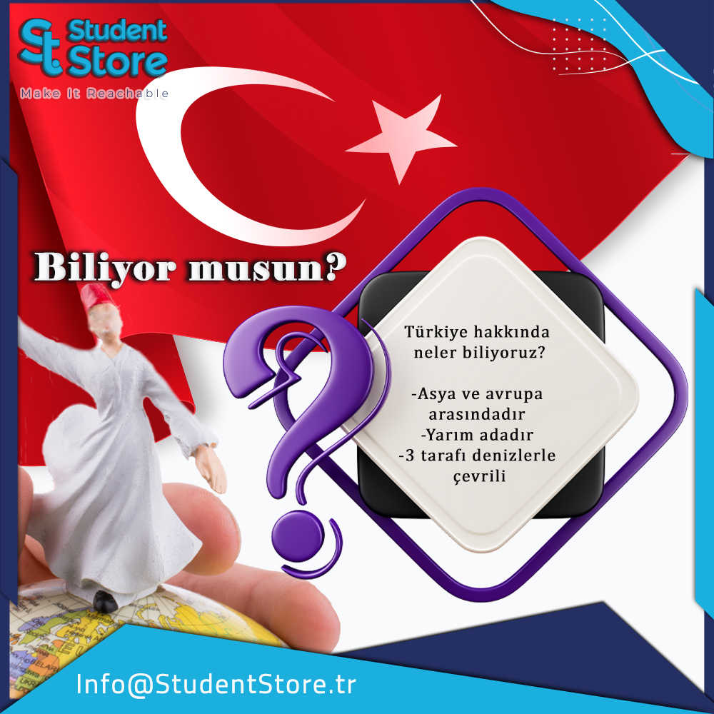 StudentstoreN's tweet photo. Biliyor musun?

Türkiye hakkında neler biliyoruz?

-Asya ve avrupa arasındadır
-Yarım adadır
-3 tarafı denizlerle çevrili

#Turkey #Turkeylife #istanbul #photograghy #design #studentstore #education  #ComingSoon #instagoods #go4likes #ThursdayThoughts #Offers   #moderndesign https://t.co/XwlkeCGPcl
