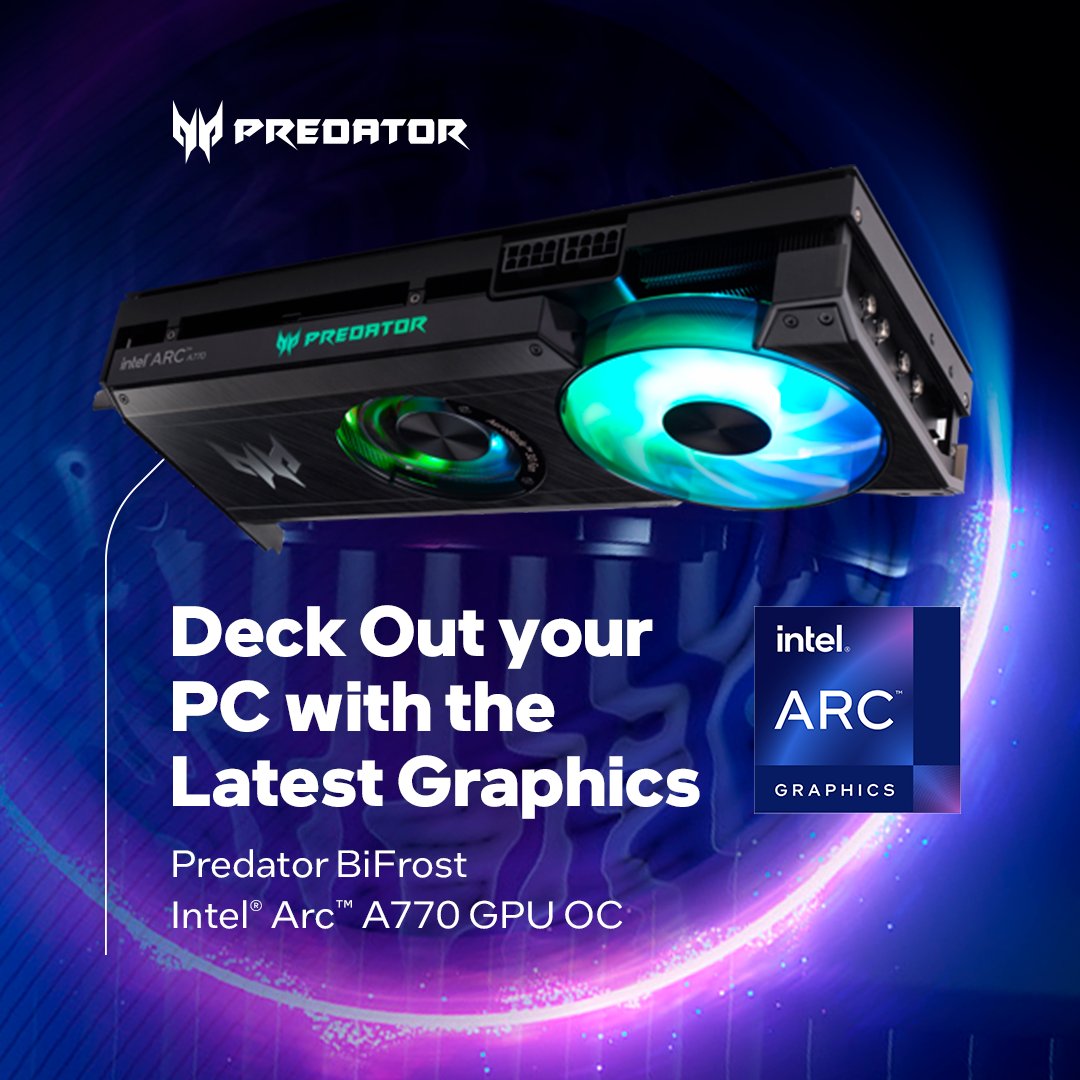 IntelGraphics's tweet photo. In the market for a new desktop build? @PredatorGaming’s #IntelArc A770 GPU #PredatorBiFrost brings that extra kick, equipped with #XeSS and more for the ultimate gaming experience. Find yours today! https://t.co/scHNrGoWa5 https://t.co/n1Nuh4iBGT