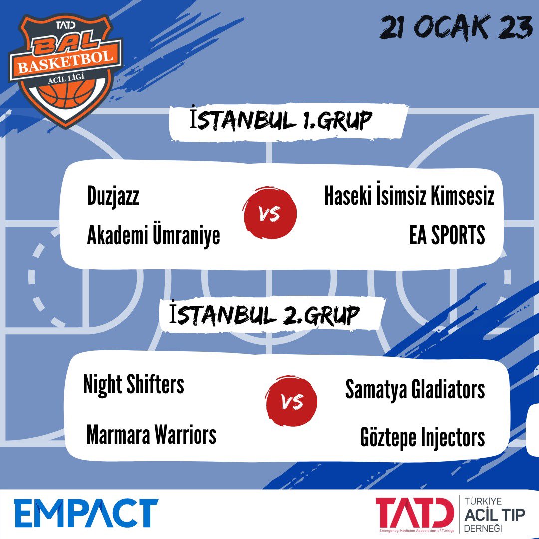 🏀🏀 Basketbol Acil Ligi  devam ediyor. 

İstanbul 1. ve 2 grup müsabakaları 21 Ocak 2023 18:00'da  düzenlenecektir.

Takımlarımıza destek olmak için Müzahir Zille Spor Kompeksi'nde buluşalım ❗<a href="/EMPACT_TATD/">EMPACT</a>