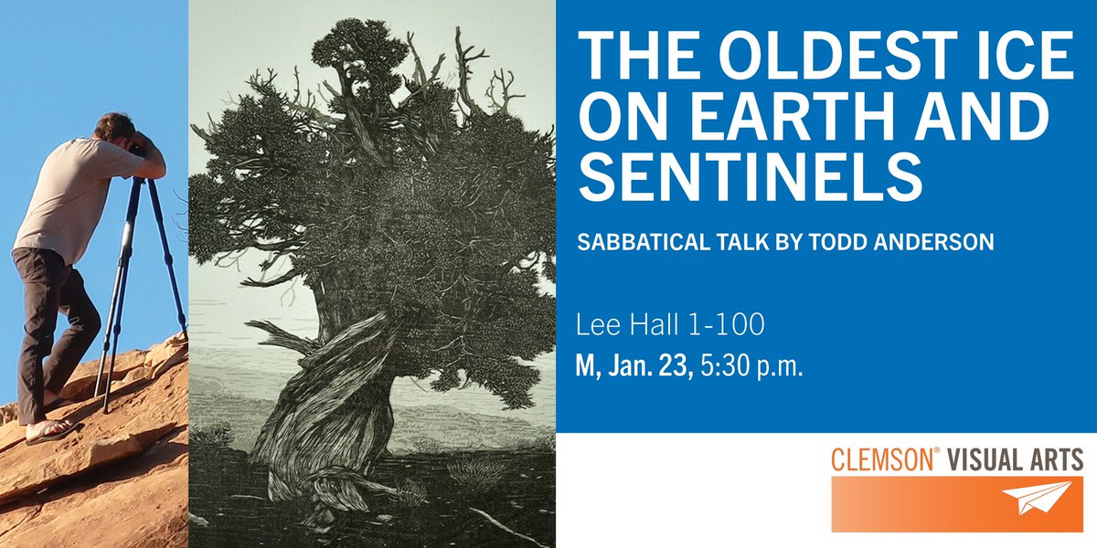 Join artist and Associate Professor in Printmaking, Todd Anderson THIS MONDAY, Jan. 23 at 5:30 p.m. for a presentation, 
“The Oldest Ice on Earth and Sentinels Sabbatical.”

Lee Hall 1-100
 
#clemsonvisualarts
