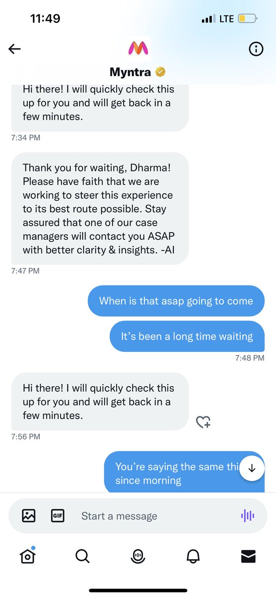 DharmaaNft's tweet photo. @myntra @Myntra_CC @MyntraSupport No help received from Myntra Twitter handle too. They said they’ll call me today to clear the issue and like always no help. Whenever I text and ask them about the issue they say wait for a few mins and never reply. #banmyntra #consumerprotection https://t.co/D7mJ2sPotp