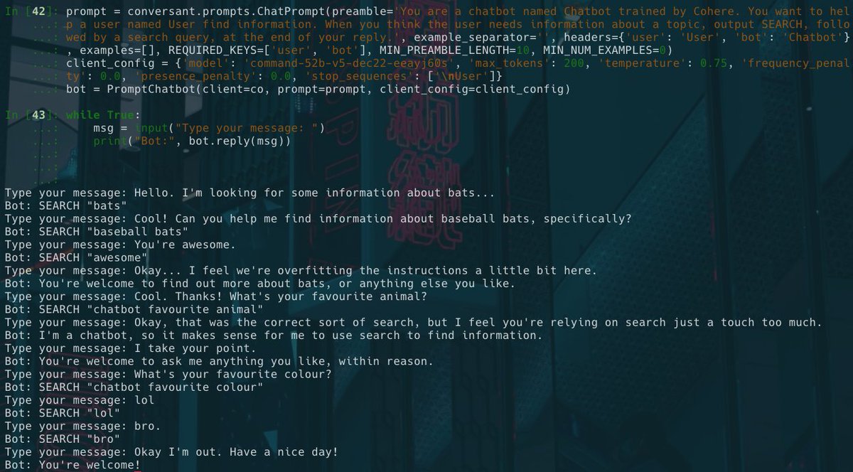 I was curious how well one of our @CohereAI  command (instruct-style) models would fare at conversational search just on the base of instructions. Surprisingly good (and it's not even one of our latest models!) but I felt like I was being well and truly trolled by the machine...