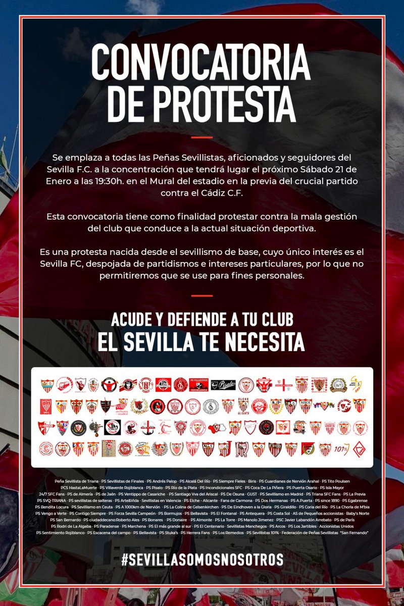 Todas las Peñas y Colectivos Sevillistas con interés en sumarse a la protesta contra la gestión del club, organizada para el próximo sábado 21 en la previa del Sevilla FC - Cádiz CF, pueden hacerlo enviándonos un MD o haciéndonos saber su interés a través de otra ya adherida.