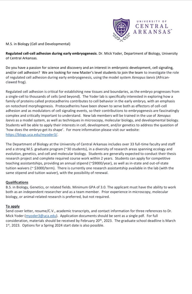 mick_yoder's tweet photo. Funded Master’s opportunity using #xenopus to study cell sorting behavior in the early embryo.  Please RT and share with your undergrads! https://t.co/LMup4Ary9c