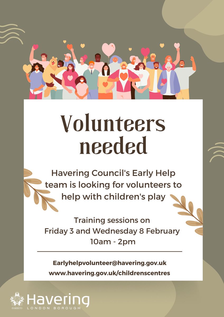 LBofHavering's tweet photo. If you’re passionate about children’s play and learning and have 3 hours a week to spare, get in touch.  We’re looking for enthusiastic and dedicated volunteers to help at the group and activity sessions in our children’s centres. Email: earlyhelpvolunteer@havering.gov.uk https://t.co/a5OcWJwBYn
