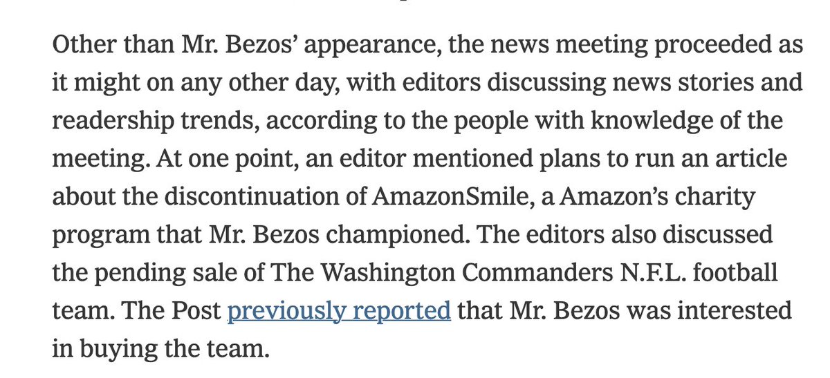 News: Washington Post editors discussed stories involving Jeff Bezos's interests while he was sitting in the news meeting, including one about AmazonSmile and the pending sale of the Washington Post Commanders. W/ @katie_robertson nytimes.com/2023/01/19/bus…