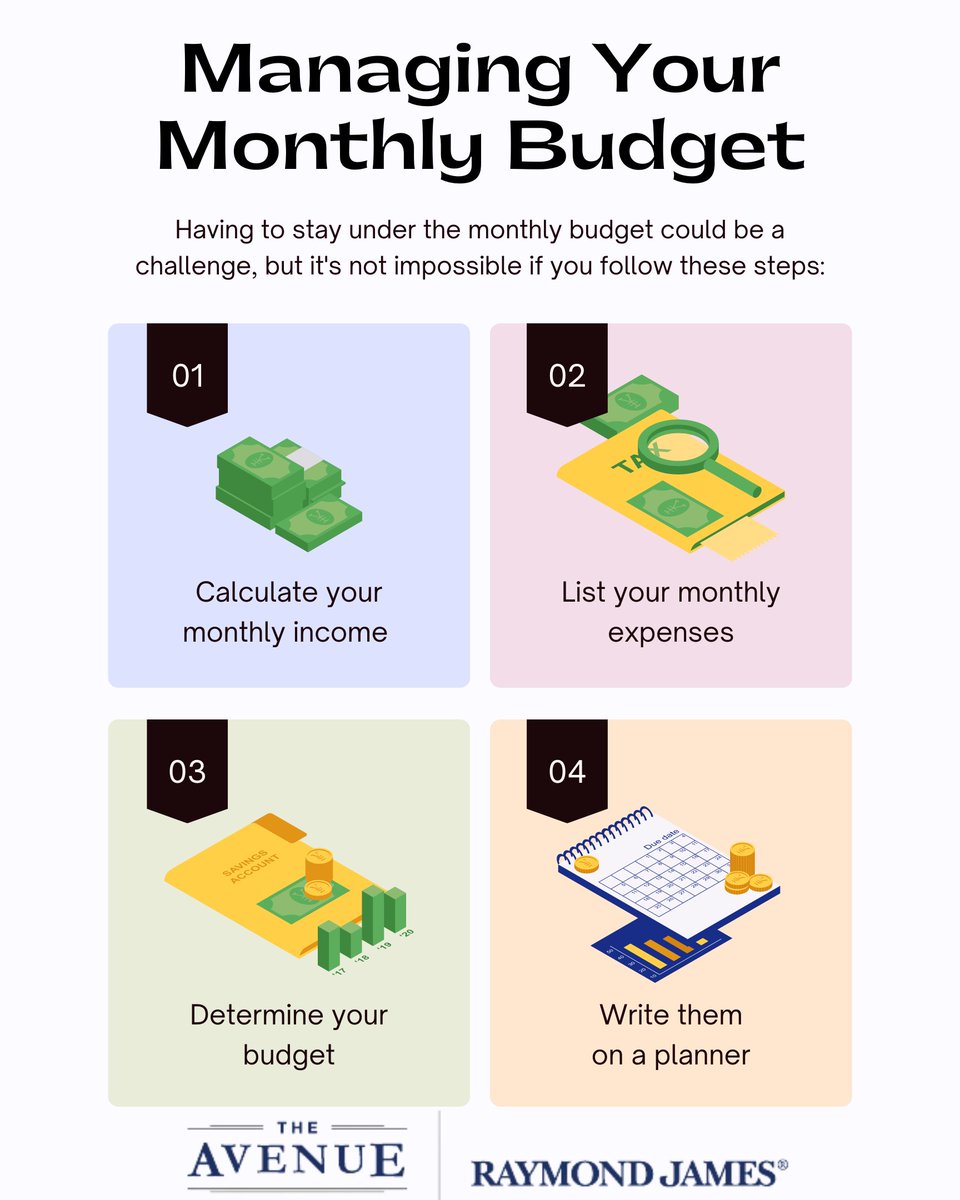 avenue_wealth's tweet image. Sticking to your monthly budget shouldn't be impossible. Here are some helpful tips to get you started! 
.
#FinancialPlanning #FinancialAdvisors #MonthlyBudget #SavingMoney #Budgeting #FinancialFreedom