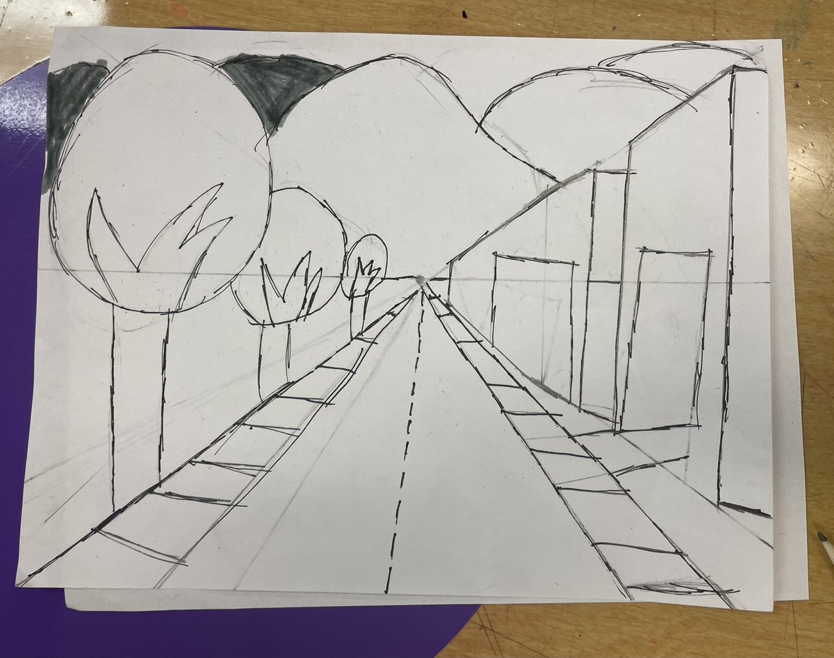 MsRega_ESASD's tweet photo. Day 1: allow students to explore the subject on their own terms in a safe space. Day 2: explicit step by step instruction… next up ‘students synthesize the concepts into their own work of art’ #1pointperspective #PracticeForMastery @BethlehemAreaSD @MarvineBASD https://t.co/jgoNt8sDvD