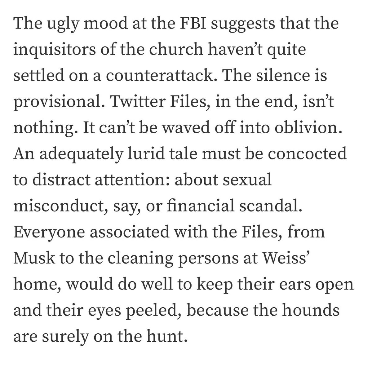 Matt Taibbi (@mtaibbi) on Twitter photo This article by “Revolt of the Public” author <a href="/mgurri/">Martin Gurri</a> about the big-picture view of the #TwitterFiles is incisive, thoughtful, and in some places — as in his ruminations on possible counterattacks — scary: discoursemagazine.com/culture-and-so… This article by “Revolt of the Public” author <a href="/mgurri/">Martin Gurri</a> about the big-picture view of the #TwitterFiles is incisive, thoughtful, and in some places — as in his ruminations on possible counterattacks — scary: discoursemagazine.com/culture-and-so…