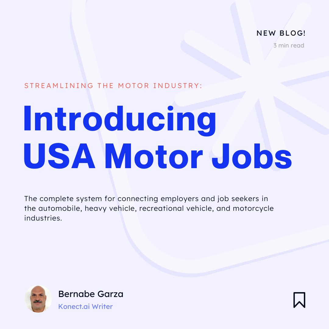 konect_ai's tweet photo. @USAMotorJobs and #KonectAI are partnering to expand automotive career opportunities! 

The employment system connects companies and #JobSeekers in the motor industry. KonectAI is integrating advanced conversational #AI to improve the sms alerts, communication &amp; job matches! https://t.co/CJUDfQTTmU