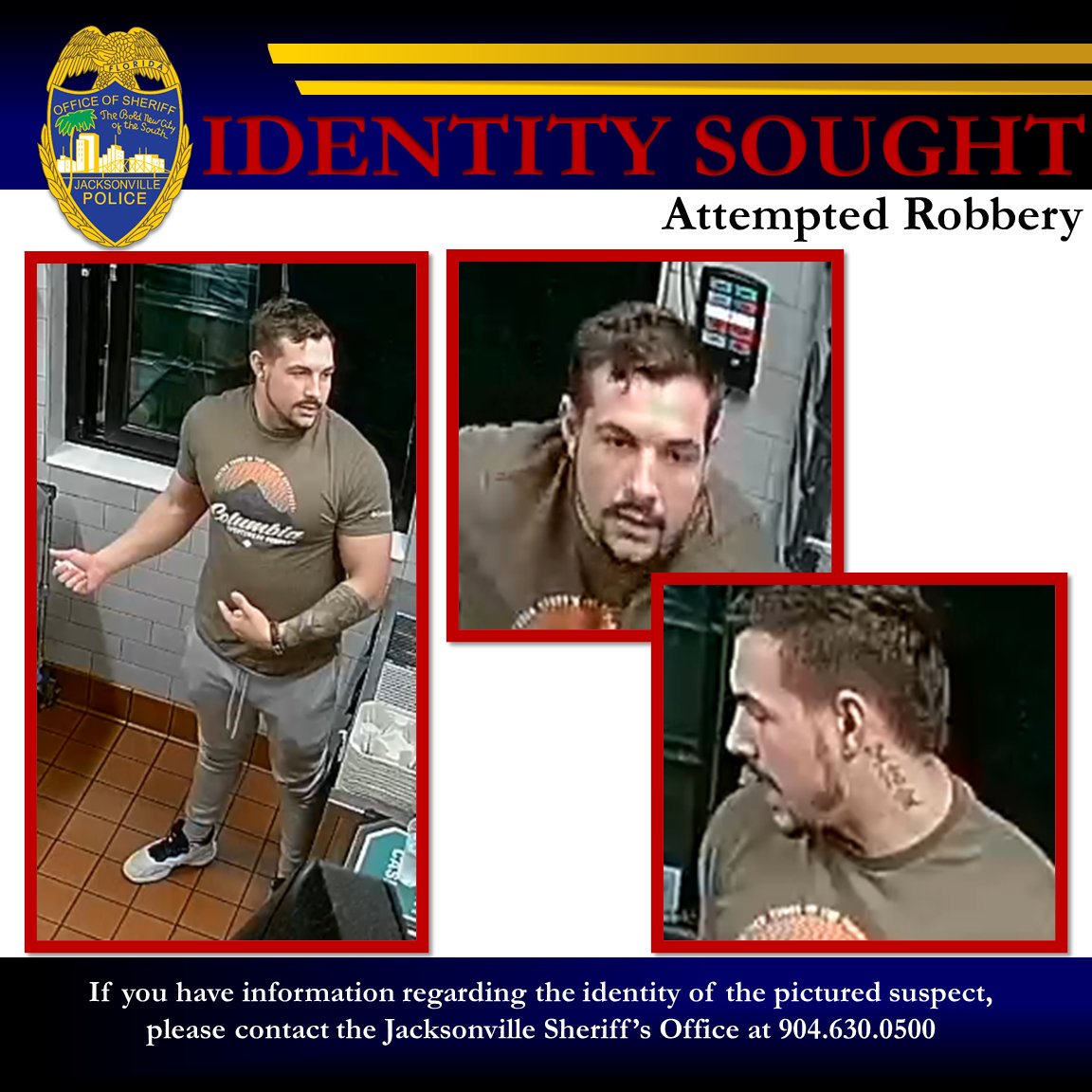 JSOPIO's tweet photo. Attempted Robbery suspect sought by #JSO. Suspect entered business near 5600 Beach Blvd and demanded money. Call 904-630-0500 or email JSOCrimeTips@jaxsheriff.org with info. Call @FCCrimeStop at 866-845-TIPS to remain anonymous and be eligible for possible reward. https://t.co/f1UhS2SBWL