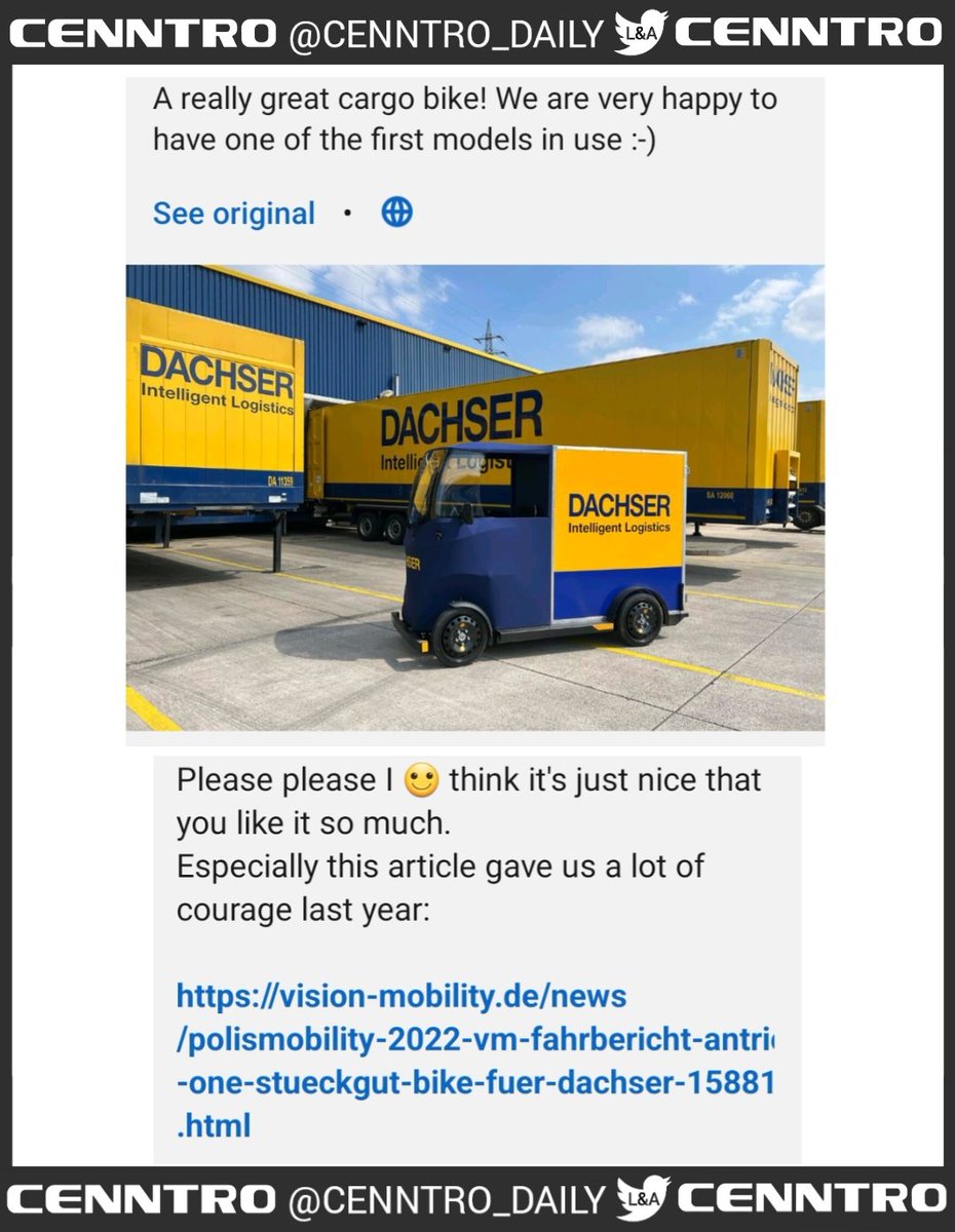 _X_Alex_'s tweet photo. #CENN #CENNTRO $CENN
#ELECTRICVEHICLES ⚡️#EV
#cargobike #ebike #emobility #smartcity #Antric #dachser

Comments from the Antric post
In the link below:

In post article link:
https://t.co/BvmUpYXydr

Dachser website:
https://t.co/SmYHYVmoHO

https://t.co/kcGJQCNfnk https://t.co/M43Dyi8Uol