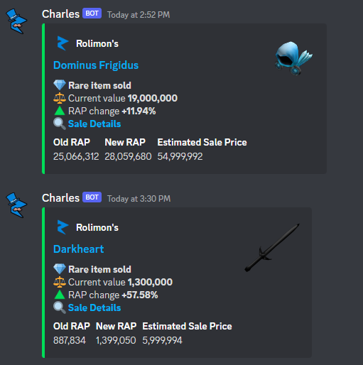 Roblox Trading News  Rolimon's on X: Update on the Frigidus; @bourgist  bought both the Dominus Frigidus and the Darkheart for 55 million and 6  million respectively after his staggering 200 million