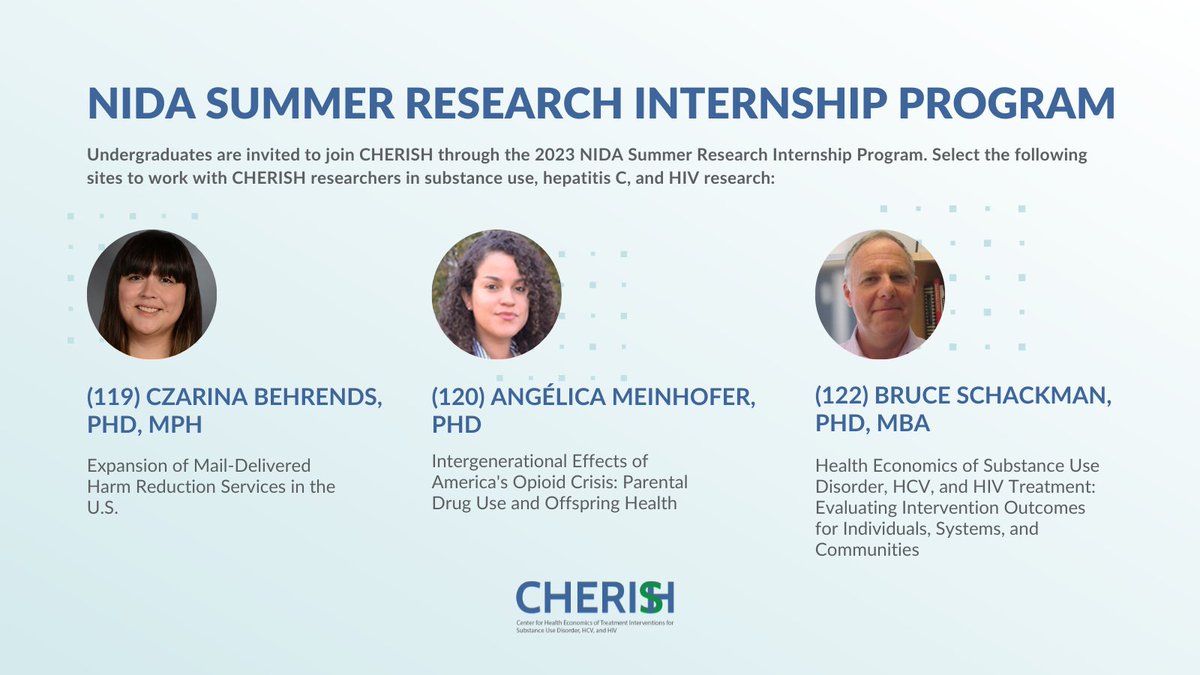 Undergraduates can contribute to substance use, hepatitis C, and HIV research through the 2023 NIDA Summer Research Internship Program.

This year, interns can collaborate with CHERISH researchers <a href="/CzarinaBehrends/">Czarina Behrends, PhD, MPH</a> @AngelicaMeinho1, &amp; <a href="/BruceSchackman/">Bruce Schackman</a> at <a href="/WCMPopHealthSci/">Weill Cornell Medicine Population Health Sciences</a>:

1/3