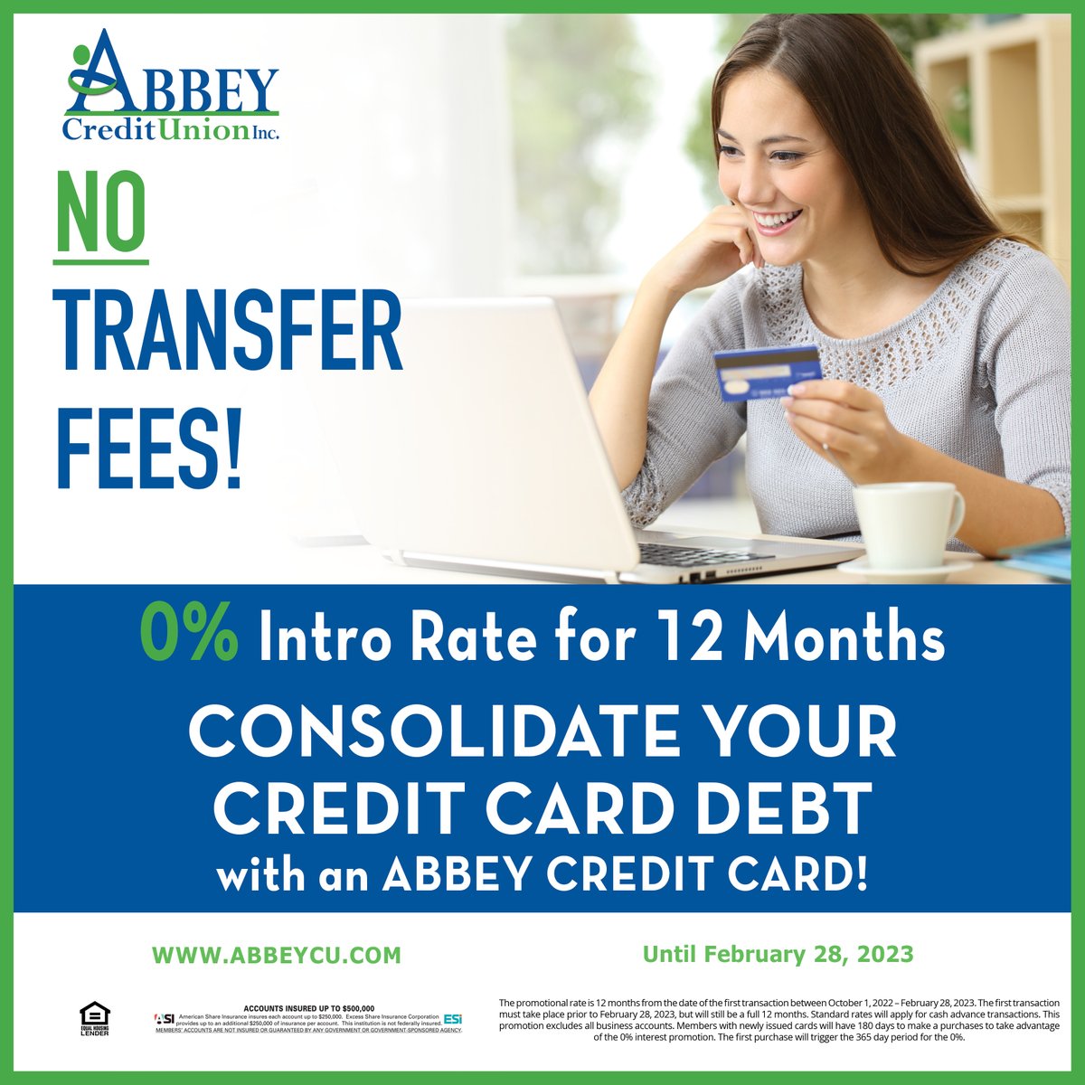 AbbeyCU's tweet photo. Did the holiday season create debt on your credit cards? Consolidate that debt with an ABBEY CREDIT CARD! Sign up today, and you could receive a 0% Intro Rate for 12 Months with NO TRANSFER FEES!
Offer Valid Until February 28, 2023
#abbeycu #consolidatedebt #ohiocreditunion https://t.co/elx5rXfXUK