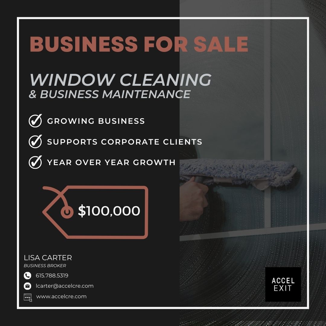 AccelExit's tweet photo. WINDOW CLEANING/BUSINESS MAINTENANCE COMPANY 
-
This company began with two brothers taking the entrepreneurial leap and landing into a growing business that services some of the largest brands in the US. They provide window cleaning and light maintenance to commercial clients. https://t.co/qv6i6Gxr9U