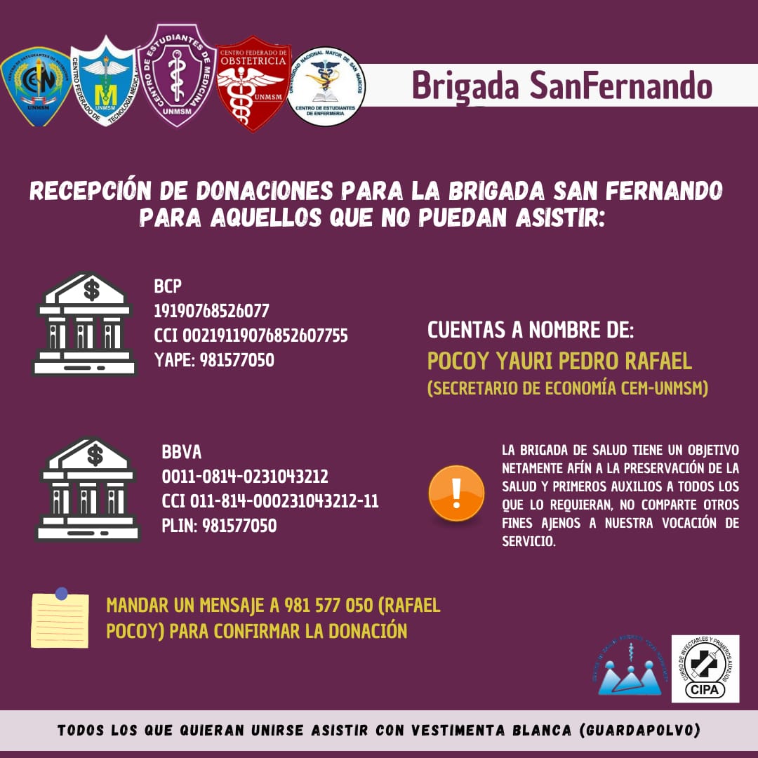 cem_unmsm's tweet photo. #brigadasanfernando
𝐁𝐑𝐈𝐆𝐀𝐃𝐀 𝐒𝐀𝐍 𝐅𝐄𝐑𝐍𝐀𝐍𝐃𝐎
Buenas tardes a toda la comunidad estudiantil, debido a la actual situación de emergencia nacional y conflicto social se conformará una 𝐛𝐫𝐢𝐠𝐚𝐝𝐚 𝐝𝐞 𝐬𝐚𝐥𝐮𝐝 que brindará soporte en primeros auxilios. https://t.co/WYPmUXOVA1