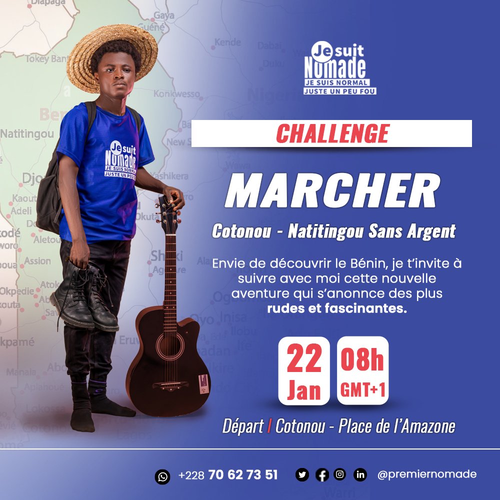 premiernomade's tweet photo. Le challenge a été finalement reporté

Les premières fois où j’ai parlé du Challenge de Marche de Cotonou pour Natitingou (530 Km) sans argent, on m’a tout de suite traité de fou, « tu oublies qu’on est en Afrique, les Béninois ne sont pas solidaires, on n’est pas en Europe ici » https://t.co/drKpoD1Lth