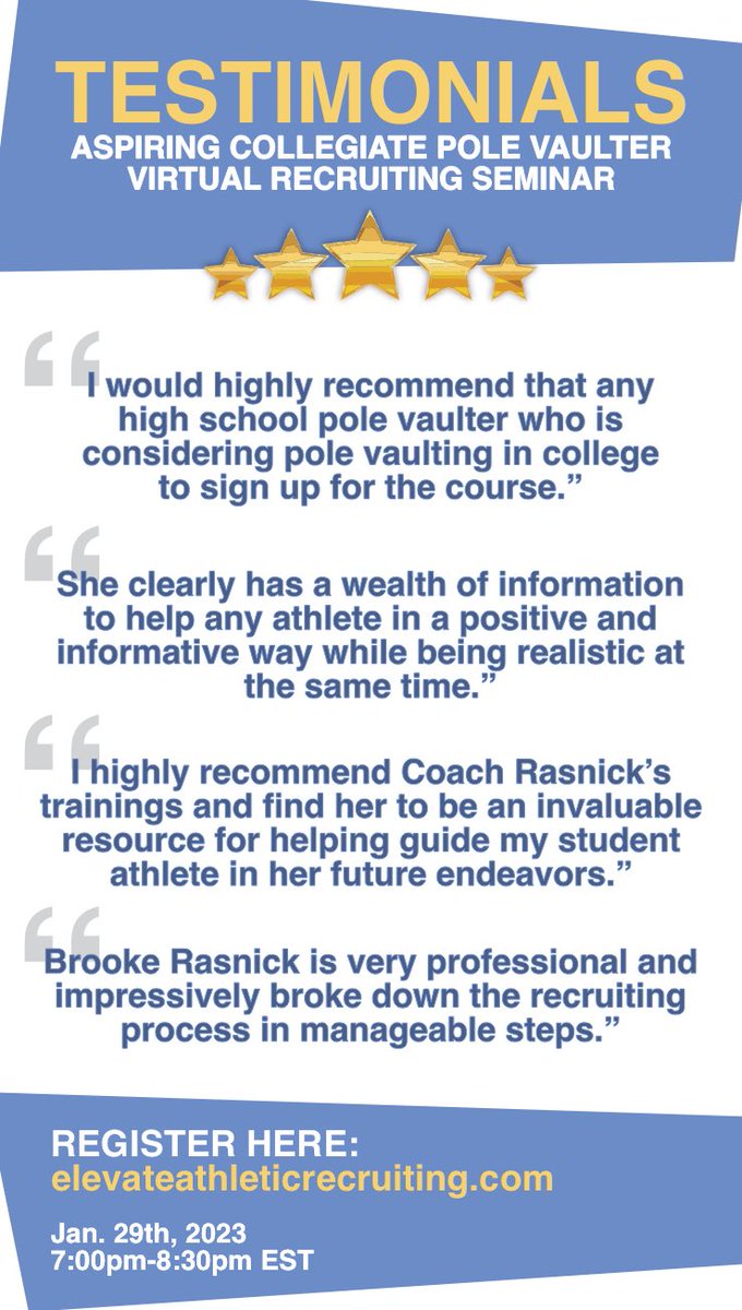 ⏩Forward onto the HS pole vault community. 

⭐️⭐️⭐️⭐️⭐️

Had great reviews from our first virtual seminar and was blown away by responses after speaking to parents at the Pole Vault Summit. 

“I’ve been to the Summit for 6 yrs &amp; that was the best session.”