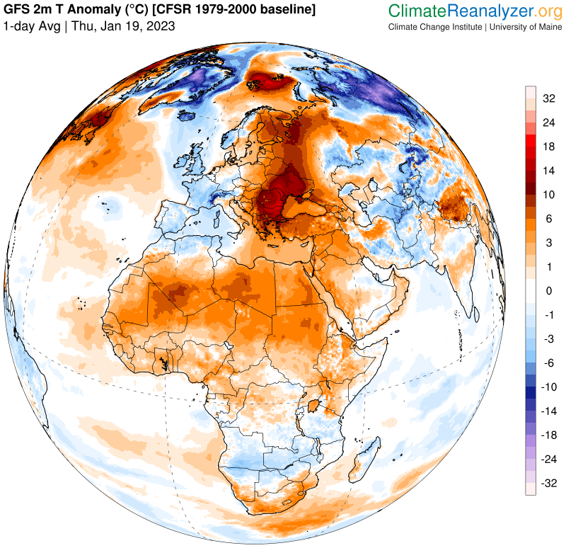 Alors qu'il fait tout juste plus froid que la normale dans l'ouest de l'#Europe, des records mensuels historiques de chaleur sont battus dans l'est du continent (21°C à Bucarest, 17°C à Chisinau). Les valeurs sont parfois 15/20°C au-dessus des normales. 