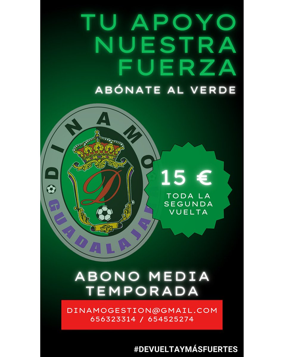 Dinamo Guadalajara (@dinamogoficial) on Twitter photo 💚🖤 TU APOYO, NUESTRA FUERZA 🖤💚
Disfruta de todos los partidos de la segunda vuelta en Primera Nacional Femenina <a href="/SomosFutFem/">Somos FutFem</a> por tan solo 15€.
Dale alas a nuestro equipo con tus ánimos y disfruta de la apasionante segunda parte de la temporada al completo. 💚🖤 TU APOYO, NUESTRA FUERZA 🖤💚
Disfruta de todos los partidos de la segunda vuelta en Primera Nacional Femenina <a href="/SomosFutFem/">Somos FutFem</a> por tan solo 15€.
Dale alas a nuestro equipo con tus ánimos y disfruta de la apasionante segunda parte de la temporada al completo.
