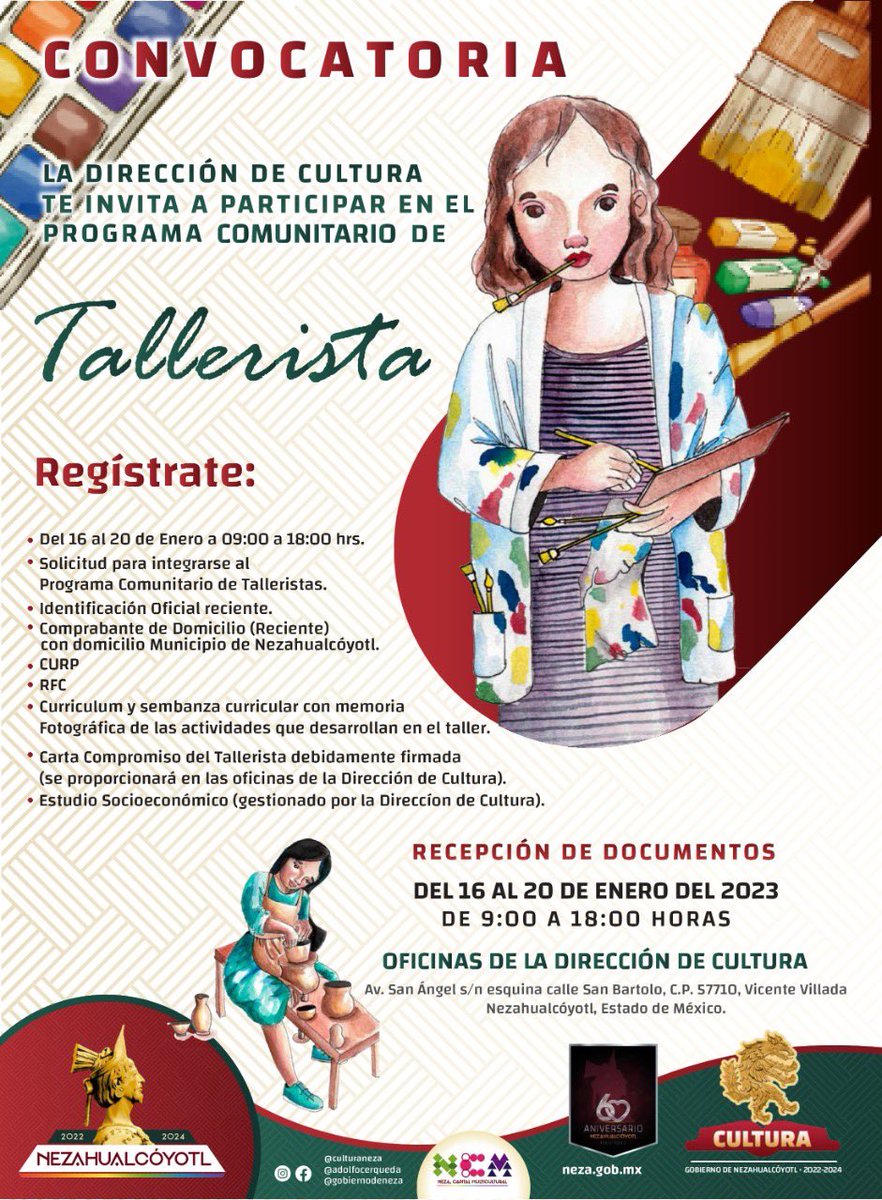 GobNeza's tweet photo. #Convocatoria | Por medio de la Dirección de Cultura Nezahualcóyotl te invitamos a participar en el #ProgramaComunitario Tallerista.
Consulta las bases de la convocatoria aquí 👇🏼
#PorAmorANeza 🫶🏼 https://t.co/lCl5ZlslWk