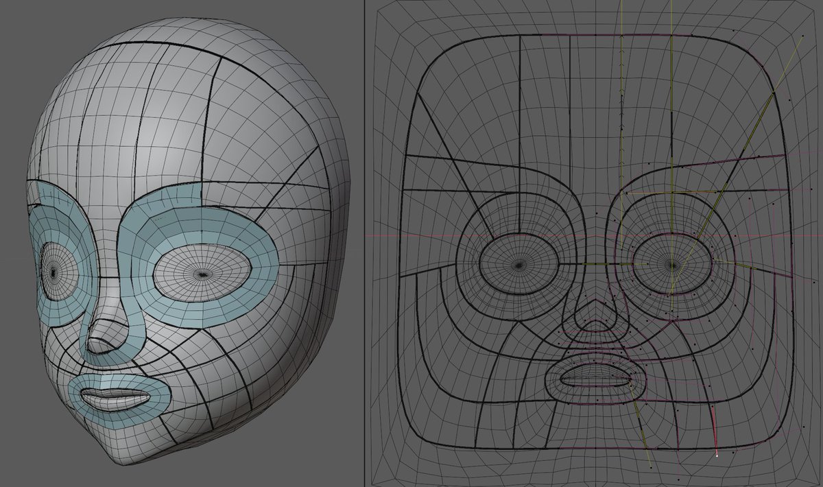 Doodling some potential anime face #retopology. This is really easy to do when you use #geometrynodes to unwrap your face to UVs, and then to wrap your guides back onto the face via Position transfer. And you can then mmediately transfer those UVs to the new mesh.
#b3d #bnpr