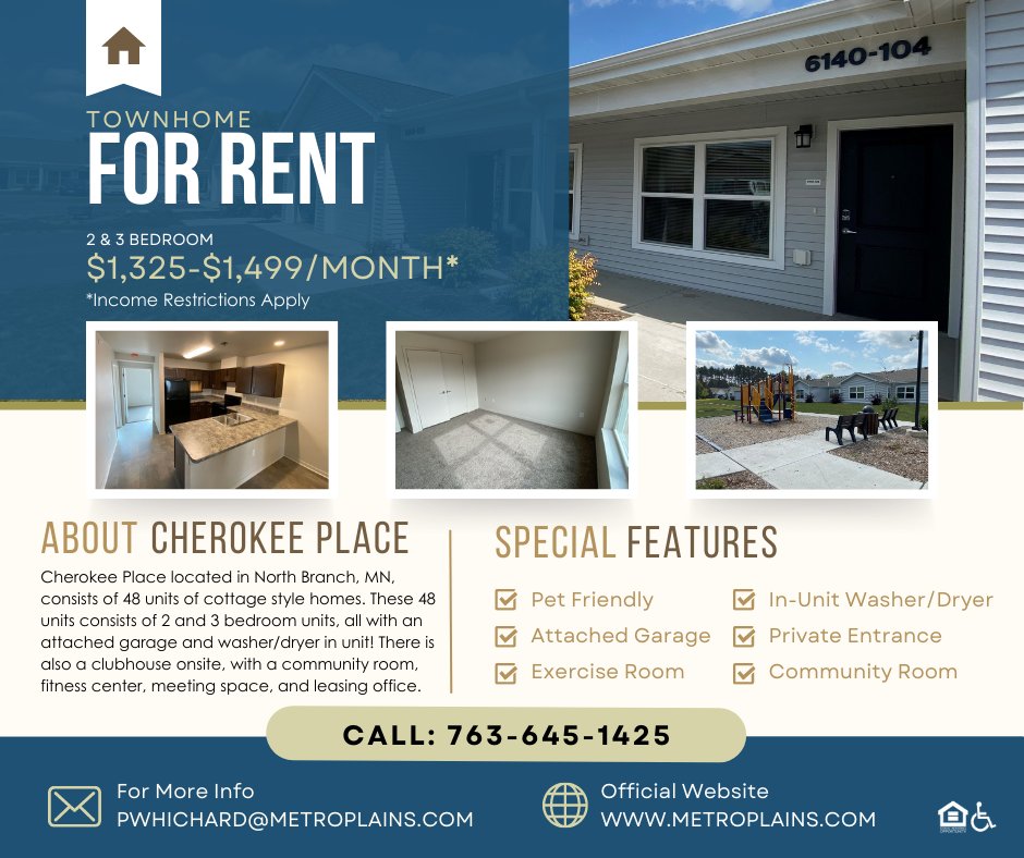 Don't miss out on this one! We currently have a 2 &amp; 3 bedroom townhome open at Cherokee Place located in North Branch, MN. Give our leasing team a call today at 763-645-1425 or visit: metroplains.com/cherokee-place…
