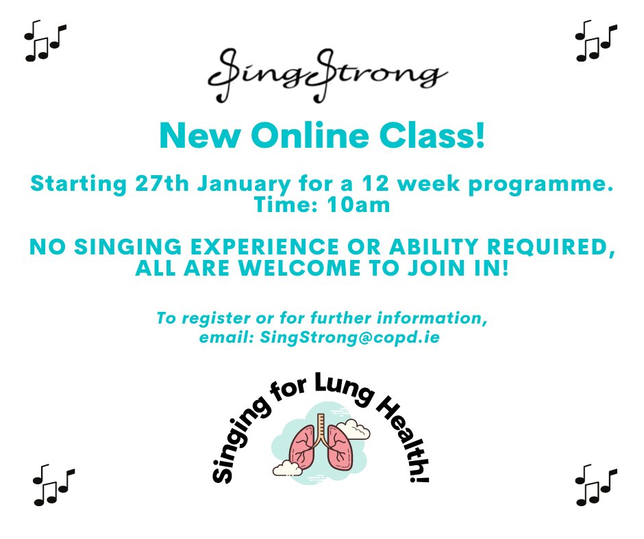 SingStrong Ireland (@singstrongire) on Twitter photo New online SingStrong beginners programme commencing Friday 27th January at 10am! Access the programme in the safety and comfort of your own home! To register, contact SingStrong@copd.ie
#singingforlunghealth #COPD New online SingStrong beginners programme commencing Friday 27th January at 10am! Access the programme in the safety and comfort of your own home! To register, contact SingStrong@copd.ie
#singingforlunghealth #COPD