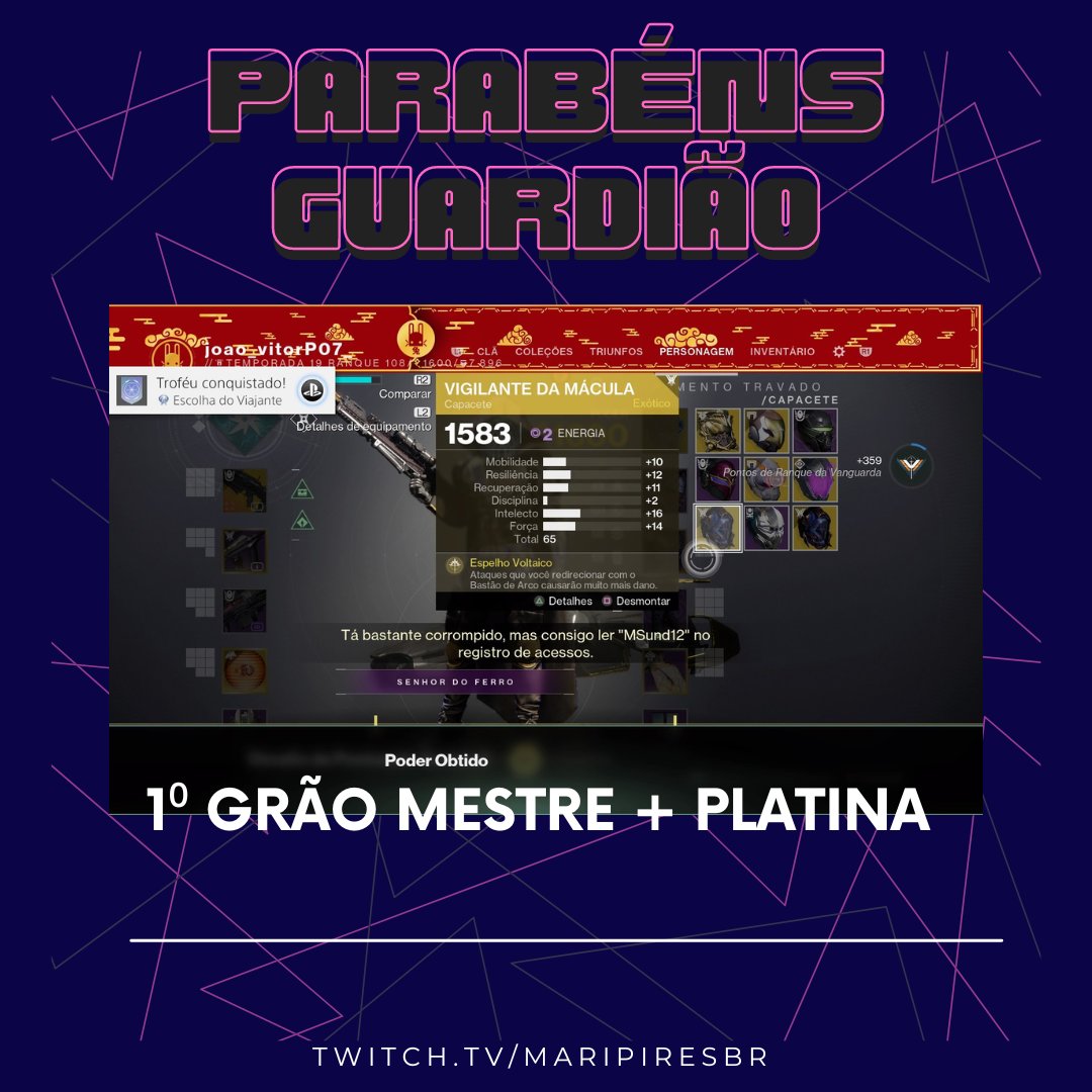 maripiresbrofc's tweet photo. Hoje ajudamos nosso guardião baby a fazer o seu primeiro GM e com isso veio a platina 🥰
Feliz demais em poder proporcionar isso a ele ❤️
#Destiny2 #granmaster #GMD2 https://t.co/W3vCbgJAAq