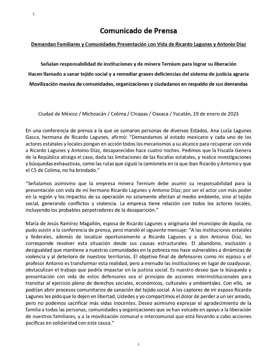 educadys's tweet photo. Boletín de prensa 1/3
Familias, amigos y comunidades exigimos la inmediata presentación con vida de #RicardoLagunes y #AntonioDíaz desaparecidos el 15 de enero. Pedimos que la Fiscalía General atraiga el caso para realizar la investigación y búsqueda exhaustiva. https://t.co/7dKnva7PII