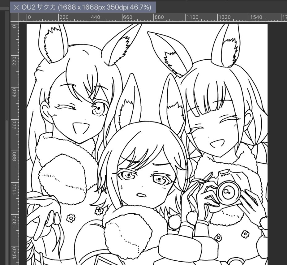 サクカの線画できた〜🥳帰ったらちょっと描き足して塗る!! 