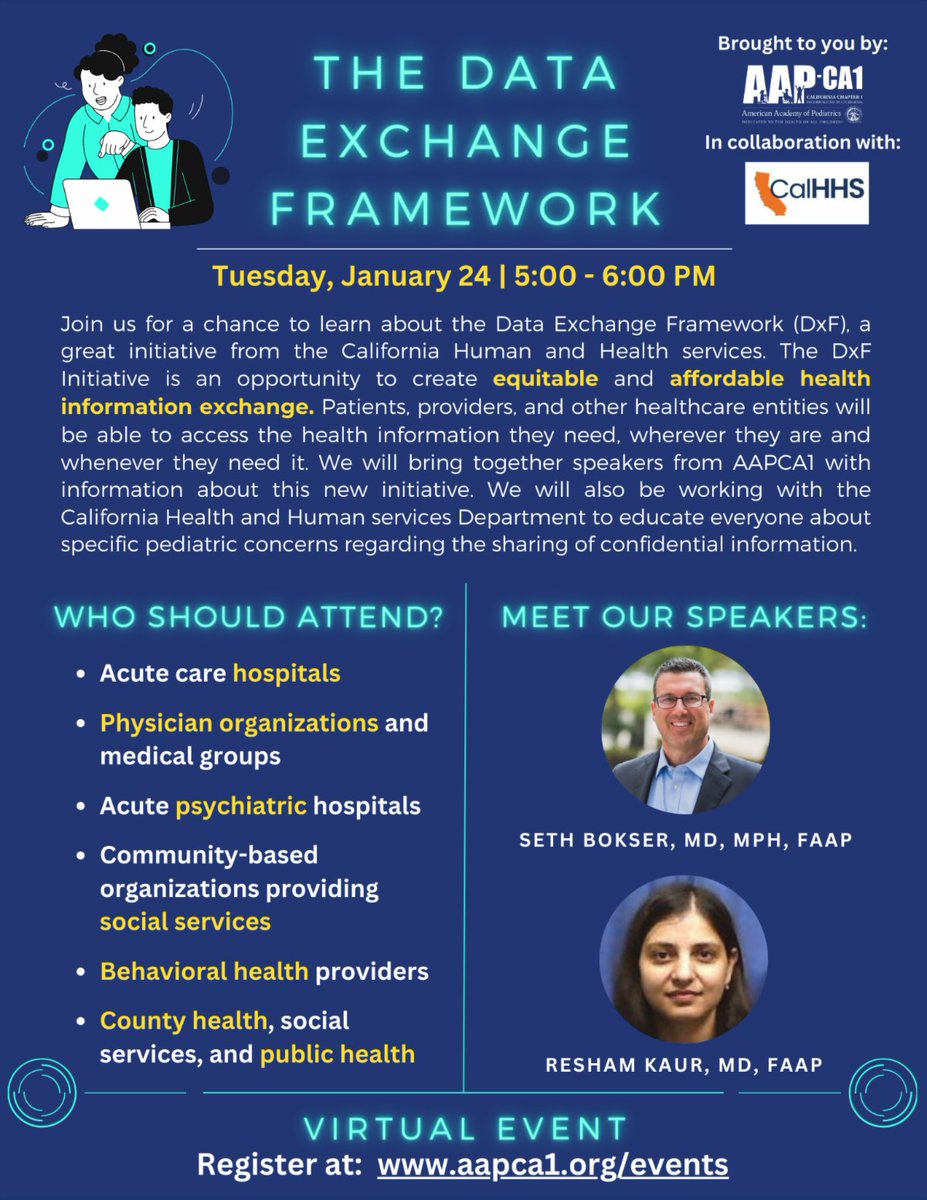 Join us for a chance to learn about the Data Exchange Framework (DxF) on Tuesday, January 24. The DxF, a great initiative from <a href="/Cal_HHS/">CA Health & Human Services</a>, is an opportunity to create equitable and affordable health information exchange. #DxF <a href="/DrReshamKaur/">Resham Kaur</a> <a href="/SethBokserMD/">Dr. Seth Bokser</a>