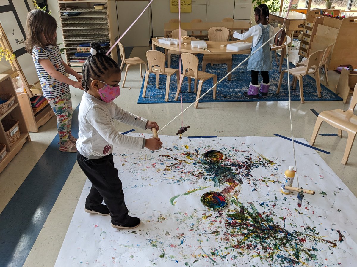 ACSRochester's tweet photo. AC3s are fascinated with how objects move while playing outside so their teachers extended their interest into the classroom! By creating a pulley system, students witnessed the cause &amp; effect of the force they exerted as they pulled on the handle to lift and lower a paint brush. https://t.co/4Lo4llUsMI