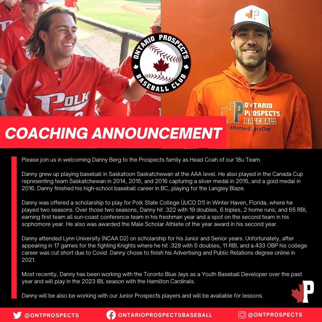 ONTProspects's tweet photo. Coaching Announcement!

We are thrilled to have @Dannyberg98 join our staff as the new Head Coach of our 18u Team.

Danny is a @BaseballSask vet and played for @PolkStBaseball and @Lynn_Knights during his college years.

Welcome to the family, Danny!

#BetterEveryDay #RepTheOP https://t.co/3w0wIrEXeo