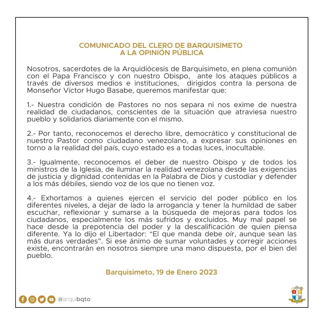 Clero de Barquisimeto rechaza de forma contundente ataques recibidos por Monseñor Víctor Hugo Basabe, por decir solo la verdad sobre la precaria situación que viven los venezolanos, durante la homilía de procesión de la Divina Pastora el #14Ene
#19Ene #20Ene
@vpgremios
@Confepuv_