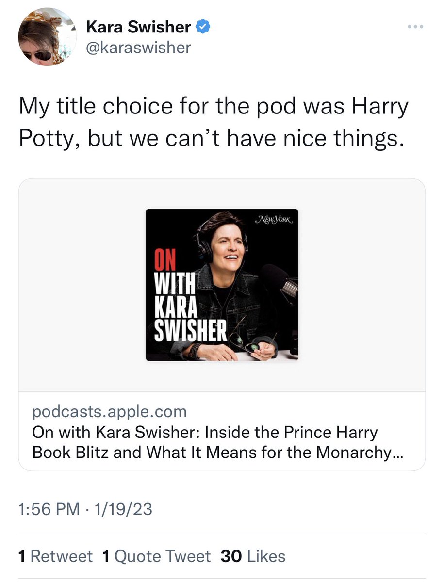 nayeema's tweet photo. @karaswisher wanted to call it “Harry Potty” OR “Harry Times.” I wasn’t sure it was quite right for this “Crownversation.” #nonicethings https://t.co/Av70EaPLOJ