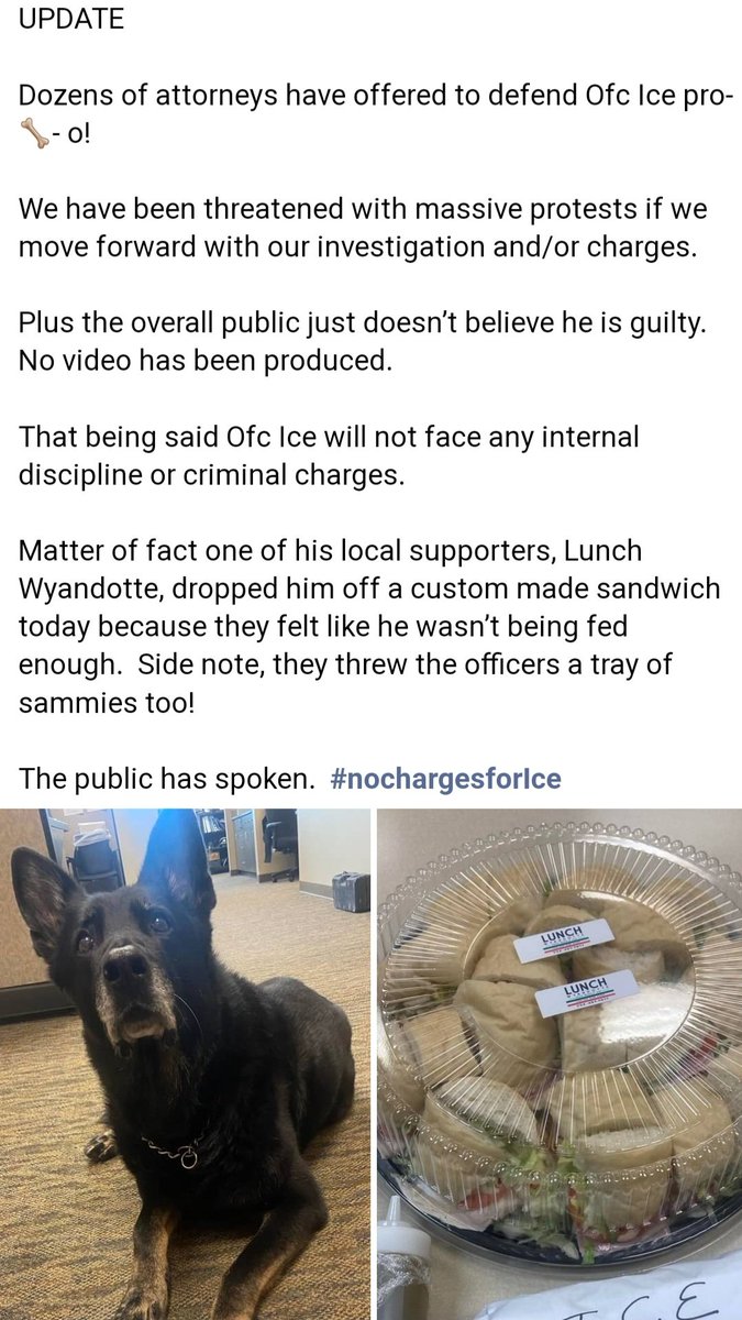 NicoleKrum1's tweet photo. Charges against Officer Ice dropped.
#nochargesforice https://t.co/gKqWfXuEqG