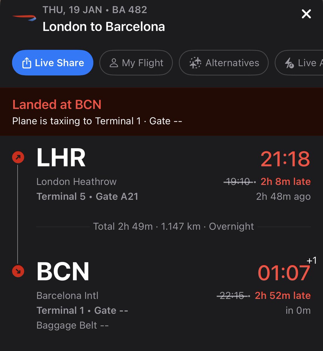 BritishLateways's tweet photo. With the lack of care for passengers @British_Airways made me land in Bcn 2h52m late. Of course, they rushed last minute to not pay compensation by not arriving +3h. You are a disgrace! https://t.co/mLfb2XviyV