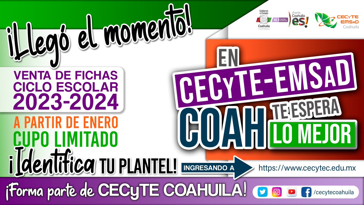 CECyTECoahuila's tweet photo. ATENCIÓN
¿Eres egresado de secundaria? ¡No dejes pasar la oportunidad de formar parte de nuestra familia CECyTE EMSaD Coahuila!
APROVECHA ANTES DE QUE SE TERMINEN LOS LUGARES. ¡ES CUPO LIMITADO!
#SomosCecyte #Coahuila #SeguimosTrabajando #28AñosDeCalidadEducativa #OrgulloCecyte https://t.co/KXmodaXXCw