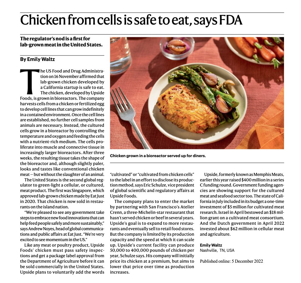 NatureBiotech's tweet photo. Chicken from cells is safe to eat, says FDA https://t.co/cde8O2rS30 https://t.co/1Dak7n3wH5