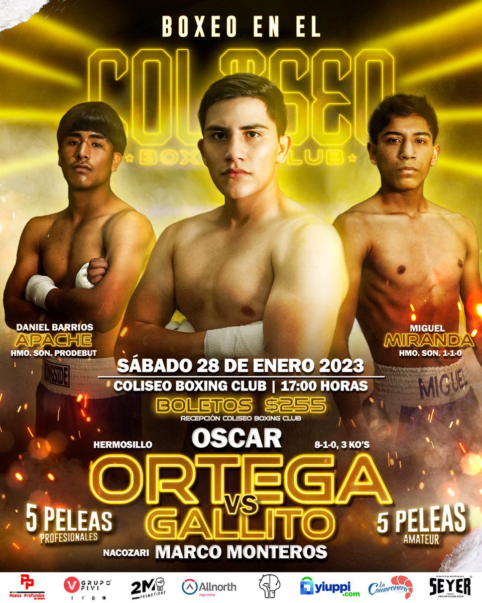 El próximo sábado haré mi primer función de box profesional en mi gimnasio Coliseo Boxing Club. 

Exclusivo para 200 personas.

5 peleas profesionales y 7 amateur 🥊 

Venta de alcohol y botanas para que inviten a sus amigos y familiares.

Boleto $255. ¿Quién dijo yo?