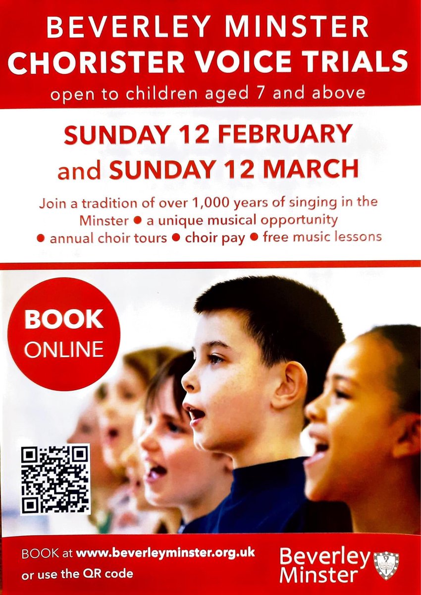 Does your child love singing? Come to our upcoming trials, use the QR code to book or visit beverleyminster.org.uk #chorister #choir #beverleyminster