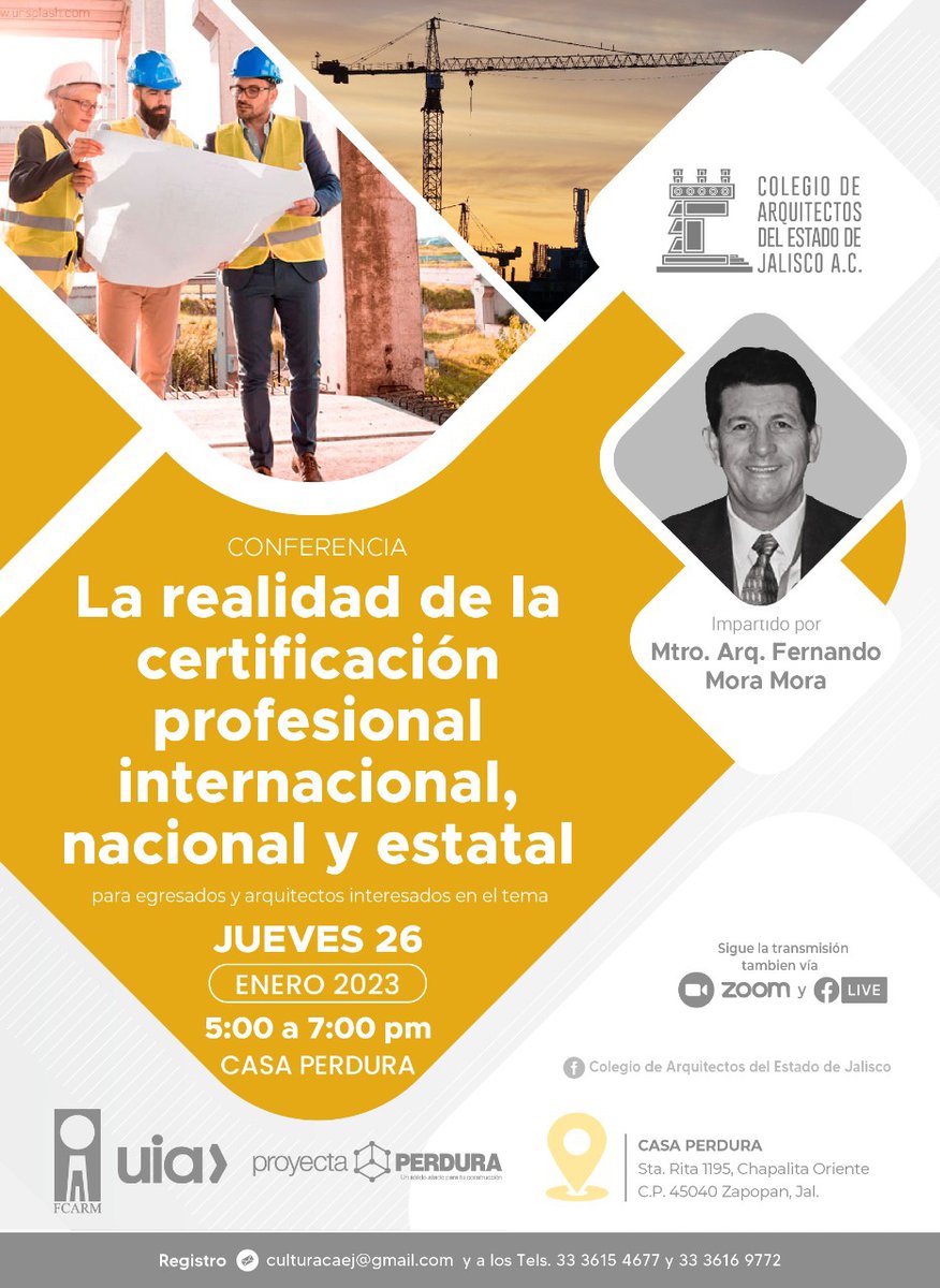 CUAAD_UdeG's tweet photo. El Colegio de Arquitectos del Estado de Jalisco A.C. les invita a seguir la transmisión de las siguientes conferencias, especialmente dirigidas desde estudiantes de los últimos semestres hasta arquitectos. 🏛️

Live: https://t.co/cUxXVDijSp 👀 https://t.co/WkUsZbo829