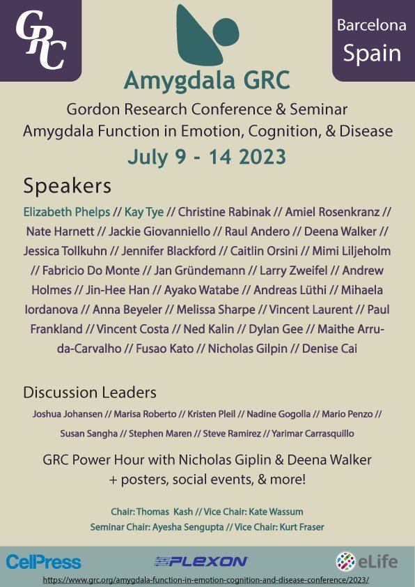 #AmygdalaGRC 2023 is finally on!

July 9-14 in Castelldefels, Spain 🇪🇸

We have a stellar lineup and are looking forward to an inspiring, diverse, and powerful meeting.

Apply today: grc.org/amygdala-funct…

Poster credit: Nick Griffin
