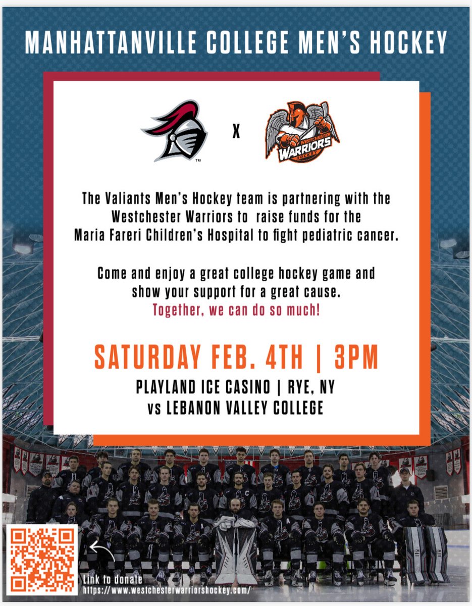 The Westchester Warriors partner with the Manhattanville Valiants on Saturday, February 4 PM @ 3 pm!!!  😀
There is no entry fee. A suggested donation of any denomination is welcomed. All proceeds go to the Maria Fareri Children’s Hospital of Westchester.